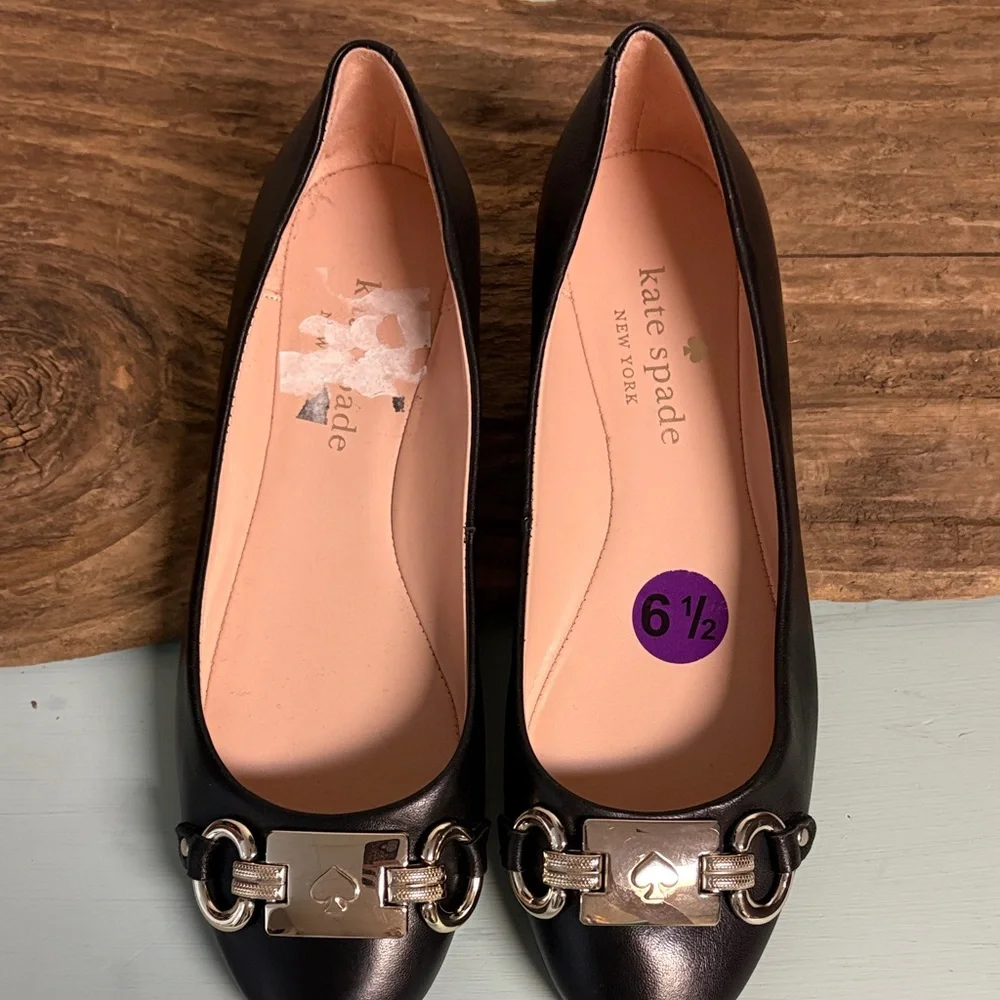 kate spade Black Leather Loafers with Gold Hardware